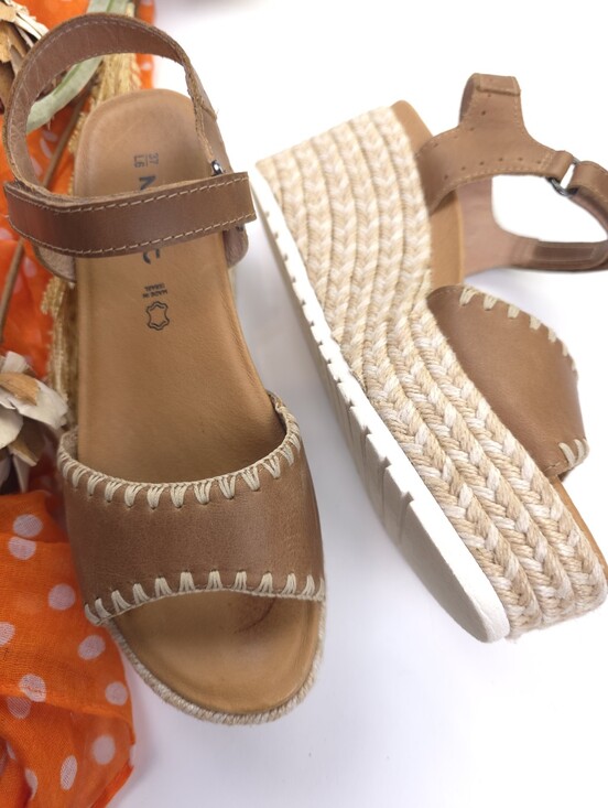 Naot Shoes - Naot Women’s Tan Espadrille Wedge Sandals - Leather Ankle Strap Sz 37